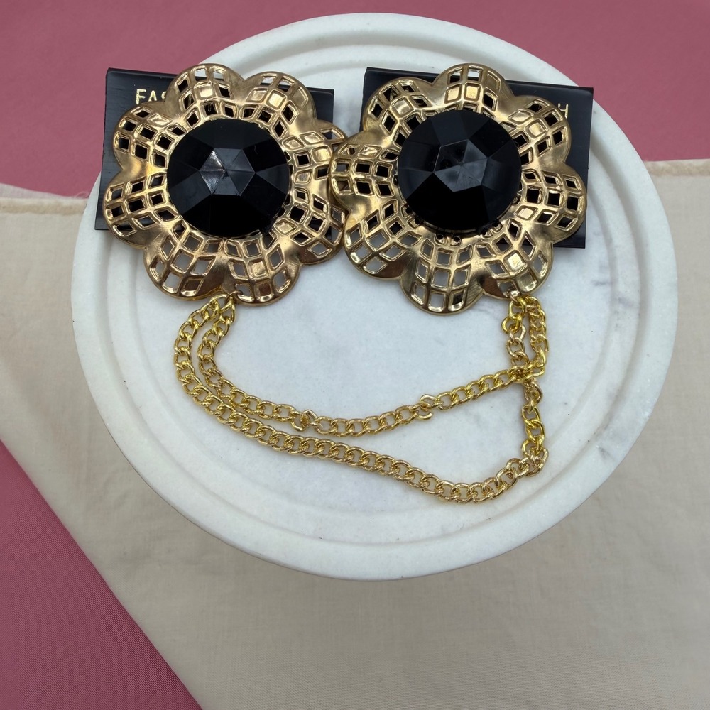 Gold Tone Flower Sweater Clip Black Stone Double Chain Pin